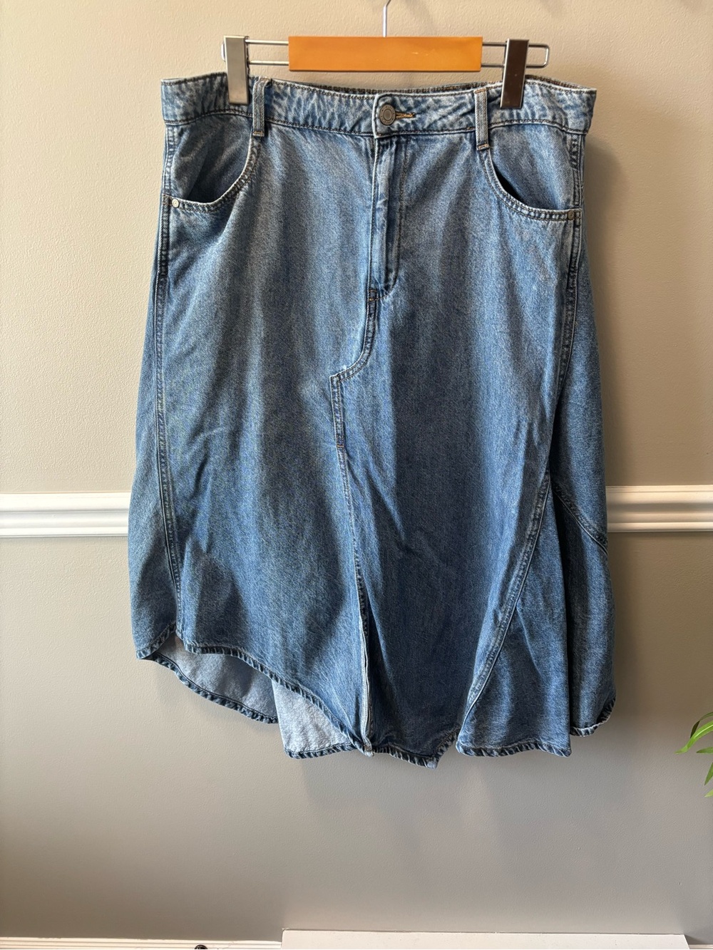 Asymmetrical Blue Denim Skirt with Panel Detail